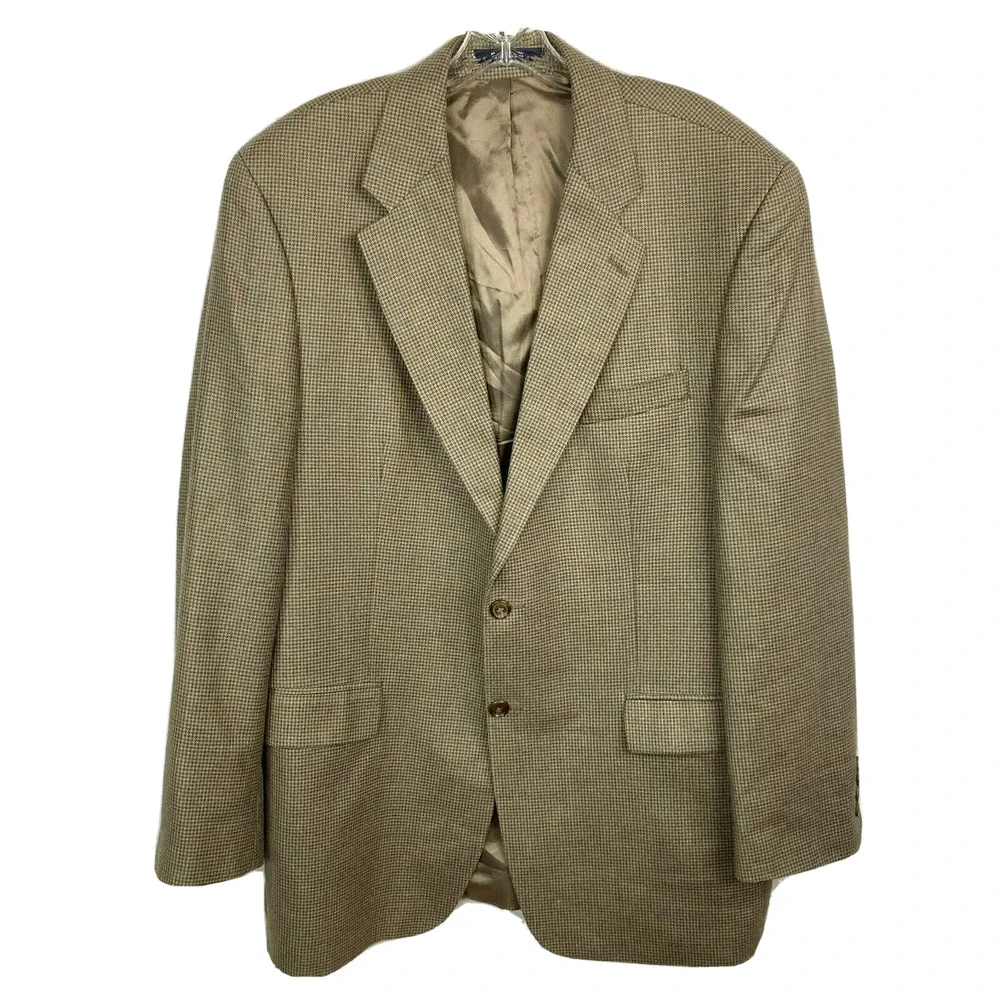 Ralph Lauren Polo University Blazer Mens Sz 44L Beige Plaid Silk Wool Sportscoat